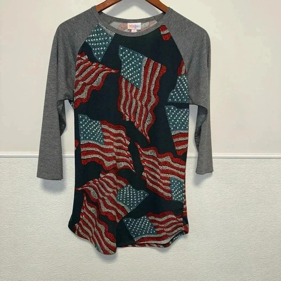 Women's LuLaRoe Baseball Tee Shirt, S, Navy Red Grey American Flag - Picture 1 of 9